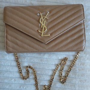 Saint Laurent Monogramme Large Grain de Poudre Wallet on Chain - Dark Beige
